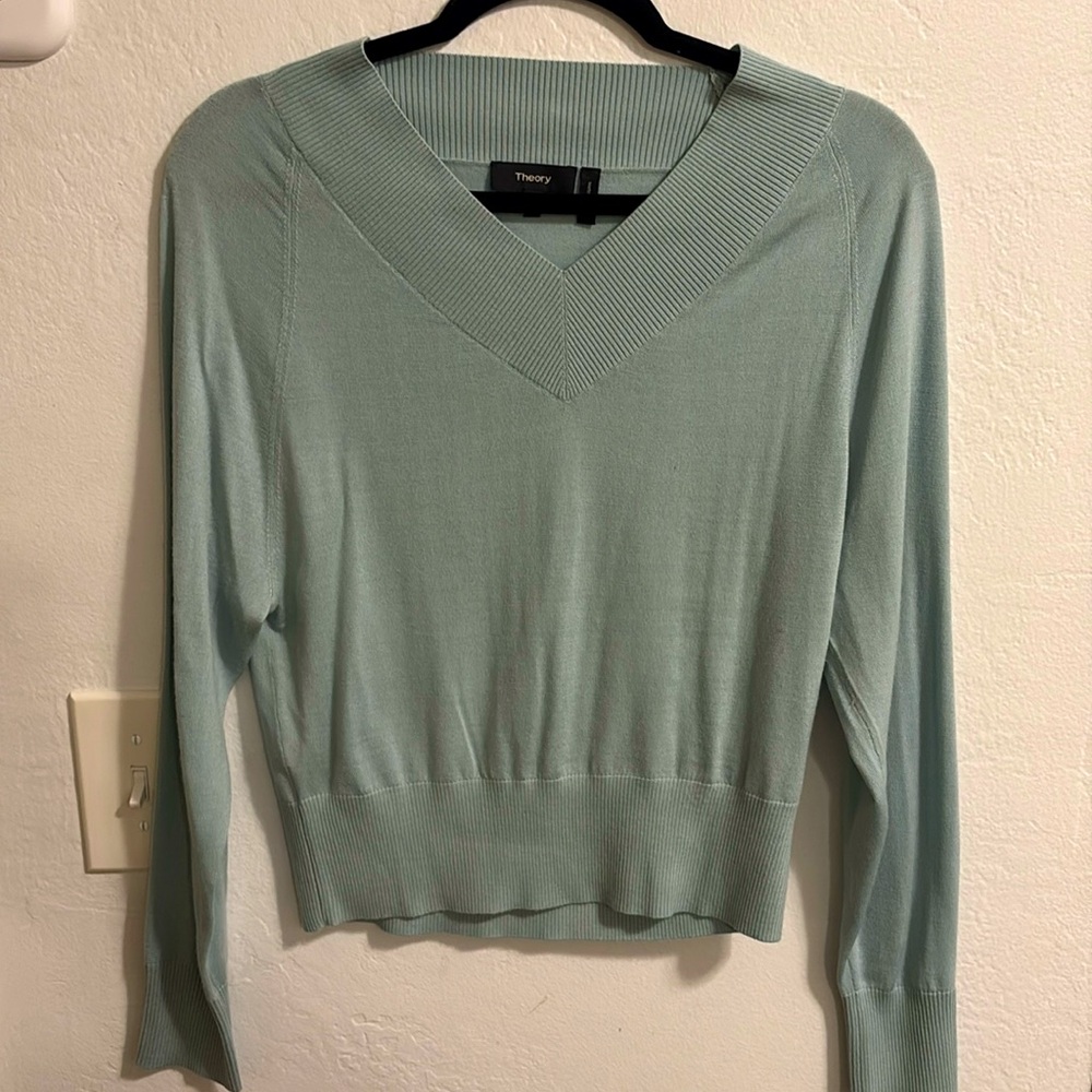Theory Womens Pullover Sweater Blue Wool Blend V Neck Stretch Ribbed
